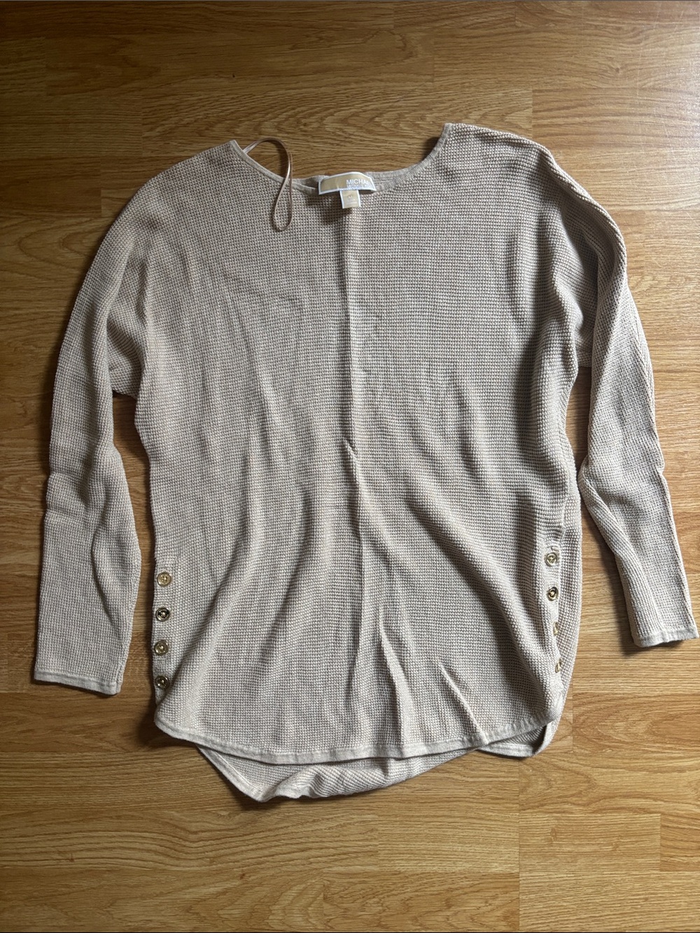 Michael Kors Beige Crewneck Waffle Knit Sweater with Side Button Accents